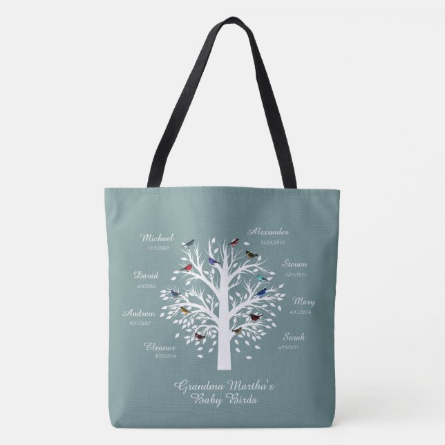 Grandma Tree (birds) custom names/dates Tote Bag (Front)