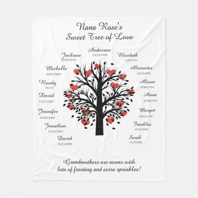 Grandma Tree (hearts), Black/White, 15 Names/Dates Fleece Blanket (Front)