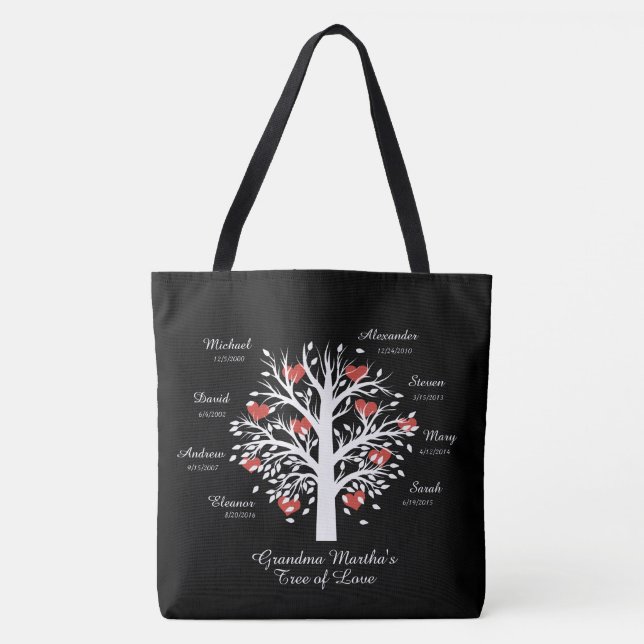 Grandma Tree (hearts) custom names/dates Tote Bag (Front)