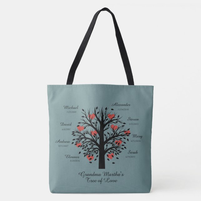 Grandma Tree (hearts) custom names/dates Tote Bag (Front)