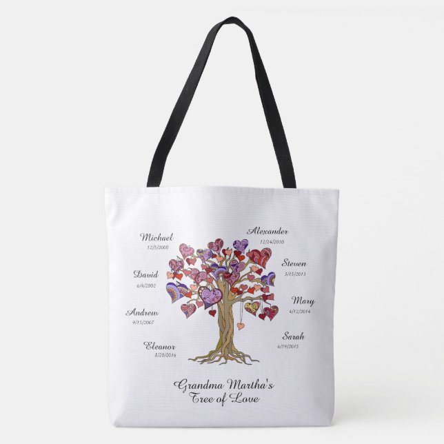 Grandma Tree (hearts) custom names/dates Tote Bag (Front)