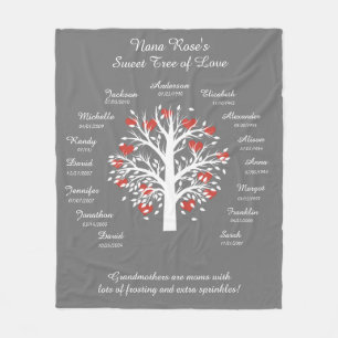 Grandma Tree (hearts), White/Gray, 15 Names/Dates Fleece Blanket