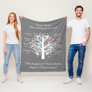 Grandma Tree (hearts), White/Gray 8 Names & Dates Fleece Blanket