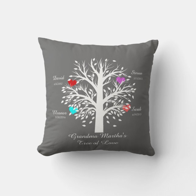 Grandma Tree (hearts) White on Gray, 4 Names/Dates Cushion (Front)