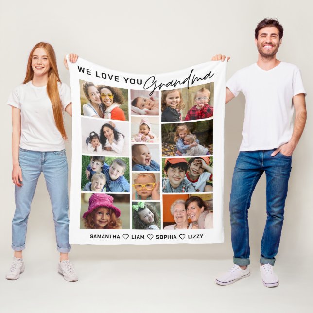 Grandma We Love You 13 Photo Collage White Fleece Blanket (In Situ)