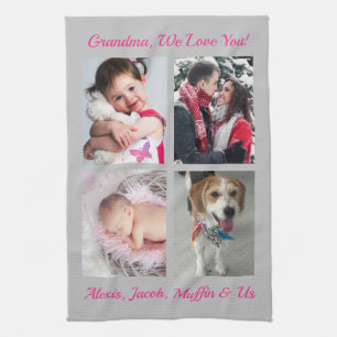 "Grandma, We Love You!" 4 Photos, Lt Grey & Pink Tea Towel
