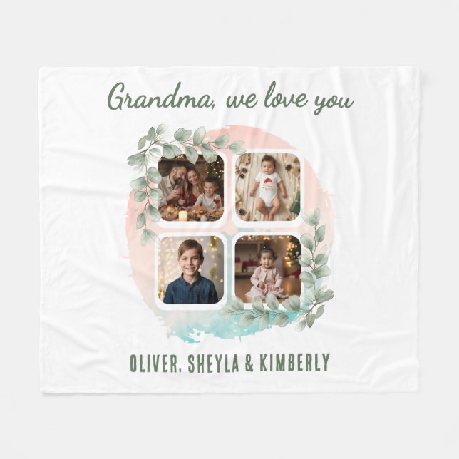 Grandma we love you 6 Photo Collage Eucalyptus Fleece Blanket (Front (Horizontal))