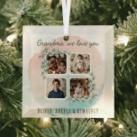Grandma we love you 6 Photo Collage Eucalyptus Glass Tree Decoration<br><div class="desc">Celebrate Grandma with this beautiful personalized ornament featuring a custom photo collage, a delicate eucalyptus design and soft watercolor accents, framing four family photos. The loving message 'Grandma, we love you' makes it an unforgettable gift for birthdays, holidays, or just because. Customize with your favorite photos and names for a...</div>