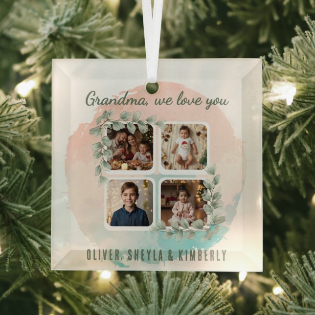 Grandma we love you 6 Photo Collage Eucalyptus Glass Tree Decoration (Insitu)