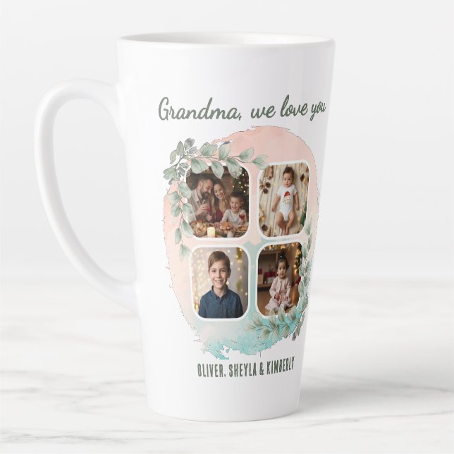 Grandma we love you 6 Photo Collage Eucalyptus Latte Mug (Left)