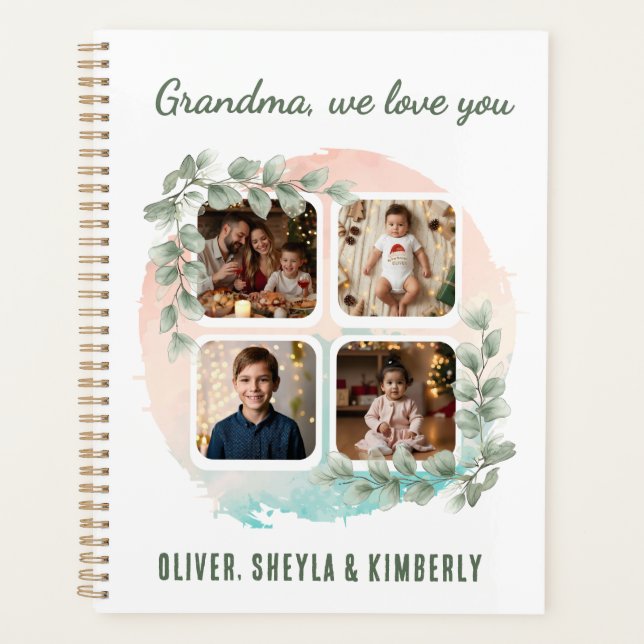 Grandma we love you 6 Photo Collage Eucalyptus Planner (Front)