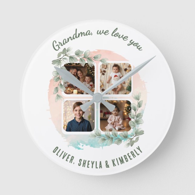 Grandma we love you 6 Photo Collage Eucalyptus Round Clock (Front)