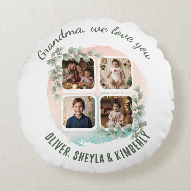 Grandma we love you 6 Photo Collage Eucalyptus Round Cushion (Front)