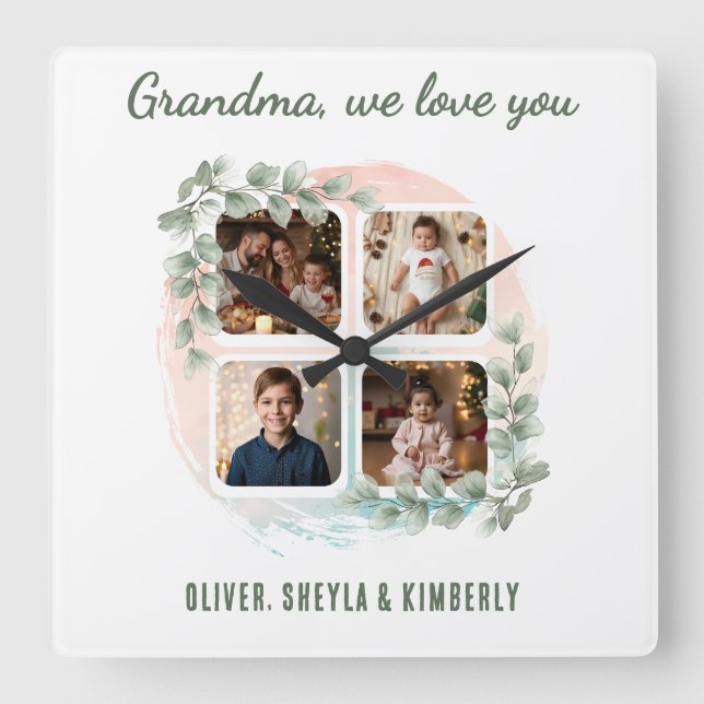 Grandma we love you 6 Photo Collage Eucalyptus Square Wall Clock (Front)