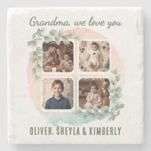 Grandma we love you 6 Photo Collage Eucalyptus Stone Coaster