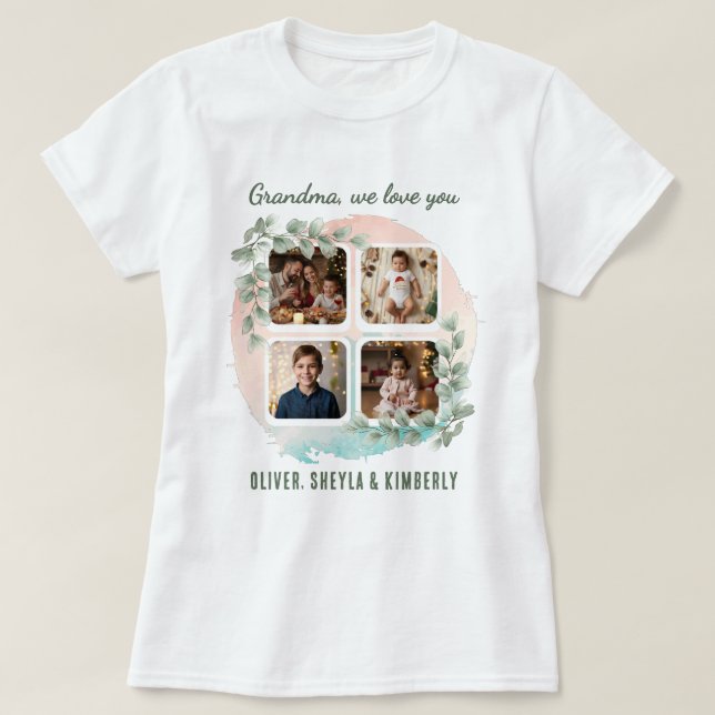 Grandma we love you 6 Photo Collage Eucalyptus T-Shirt (Design Front)