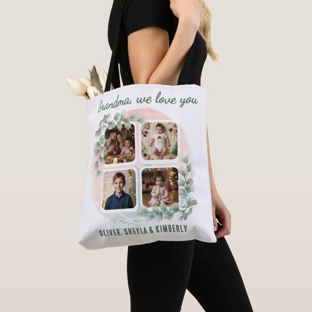 Grandma we love you 6 Photo Collage Eucalyptus Tote Bag (Close Up)