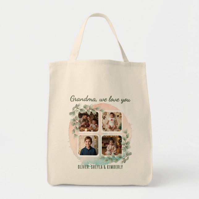 Grandma we love you 6 Photo Collage Eucalyptus Tote Bag (Front)