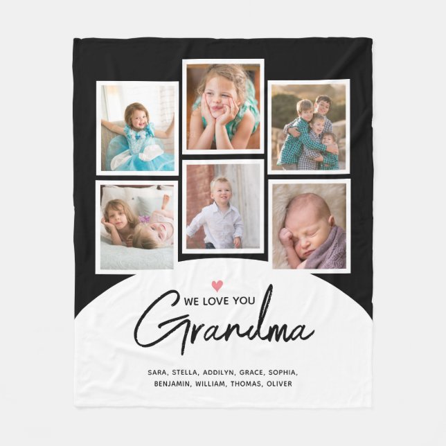 Grandma We Love You 6 Photo Script Black Fleece Blanket (Front)