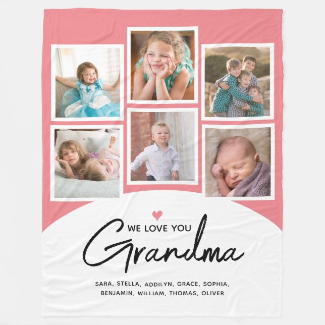 Grandma We Love You 6 Photo Script Pink Fleece Blanket (Front)