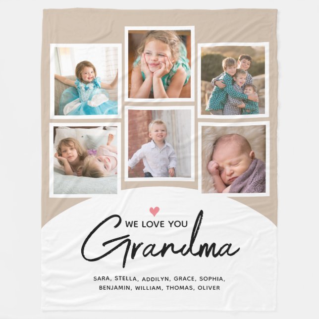 Grandma We Love You 6 Photo Script Tan Fleece Blanket (Front)