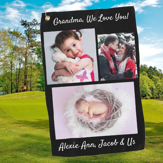 Grandma We Love you! DIY Messages & Photos, Black Golf Towel (Creator Uploaded)