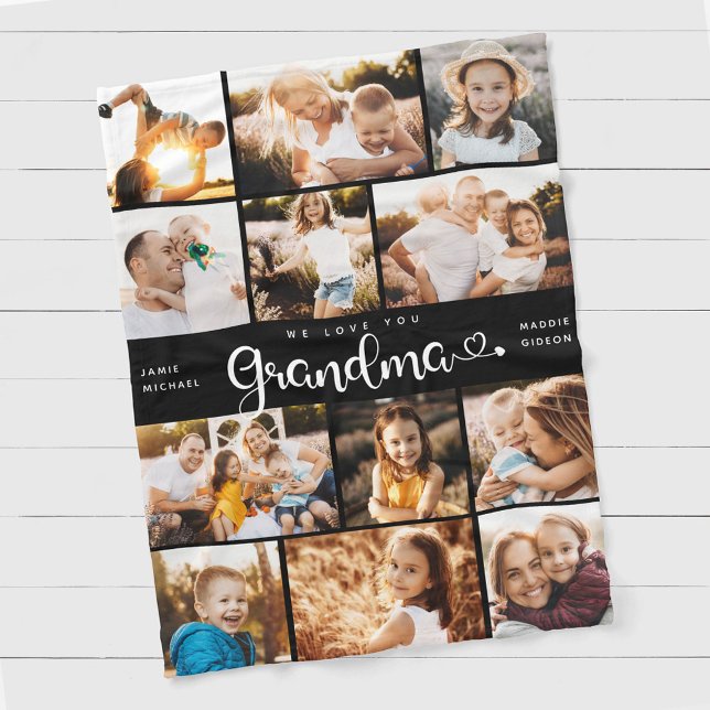 Grandma We Love you Hearts Modern Photo Collage Fleece Blanket (Creator Uploaded)