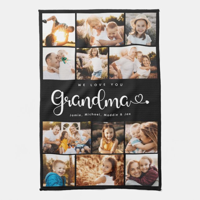 Grandma We Love you Hearts Modern Photo Collage Tea Towel (Vertical)