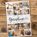 Grandma We Love you Hearts Modern Photo Collage Tea Towel<br><div class="desc">We love you Grandma! Cute, modern custom family photo collage kitchen towel to show grandma how much she's loved. We love this hand lettered script design with heart flourishes, making this a heartfelt keepsake gift for a beloved grandparent. Personalise with 12 favourite pictures and your personal message and names. Available...</div>