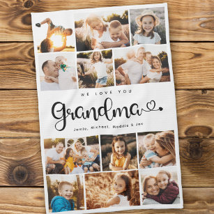 Grandma We Love you Hearts Modern Photo Collage Tea Towel
