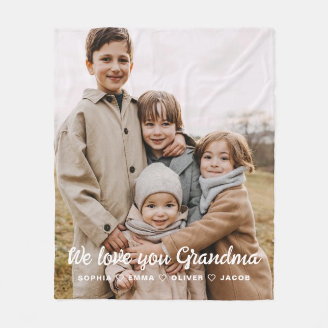 Grandma We Love you Hearts Modern Single Photo Fleece Blanket (Front)