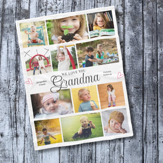 Grandma We Love You Personalised Hearts Fleece Blanket (Personalized Grandma we love you fleece blanket with 12 photos and custom text)