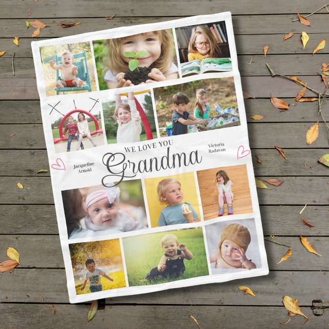 Grandma We Love You Personalised Hearts Fleece Blanket (Grandma custom fleece blanket with your photos and text.)