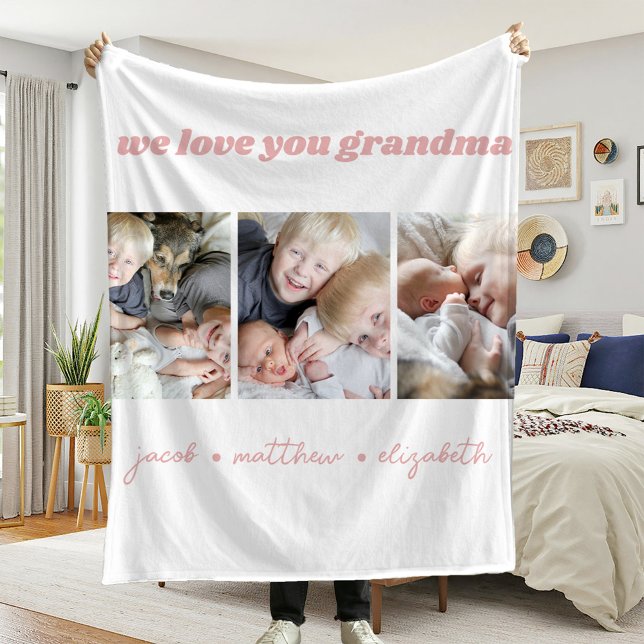 Grandma We Love You Photo Collage Fleece Blanket (Creator Uploaded)