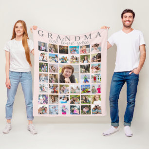 GRANDMA WE LOVE YOU Script Photo Collage Pink Fleece Blanket