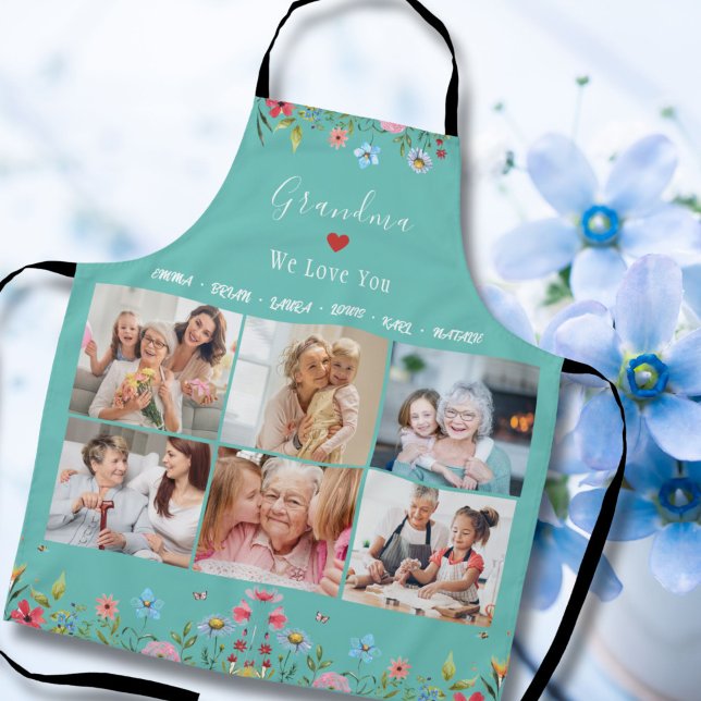 GRANDMA WE LOVE YOU Your Name Photo Collage Aprons ("Cherish kitchen moments with our Mother's Day apron, adorned with 'Mama/Grandma, We Love You.')