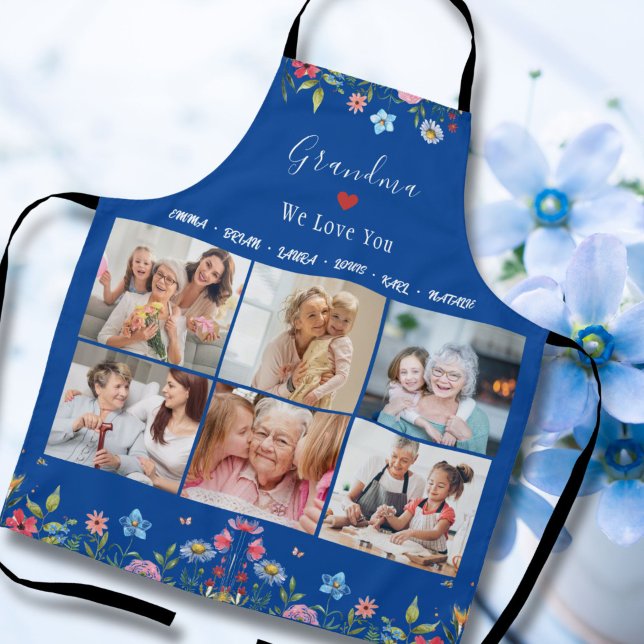 GRANDMA WE LOVE YOU Your Name Photo Collage Aprons ("Cherish kitchen moments with our Mother's Day apron, adorned with 'Mama/Grandma, We Love You.')