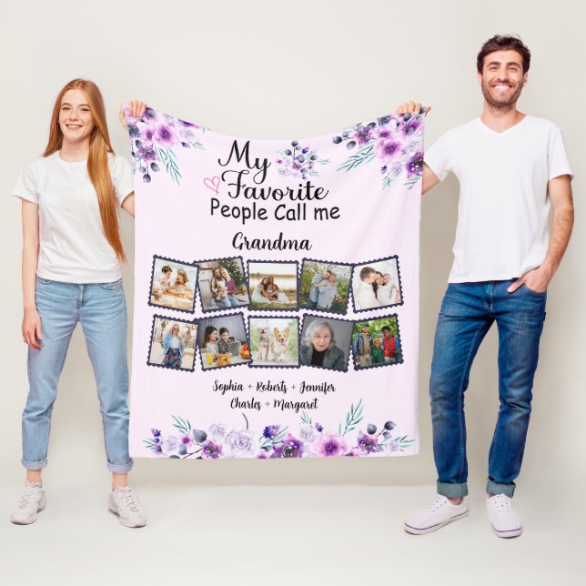 Grandma With Grandkids Name & Photo, purple flower Fleece Blanket (In Situ)