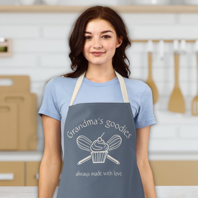 Grandma Women's Gift Cooking Baking Apron ("grandma's goodies" custom apron for grandma nana abuela granny cupcake and whisk blue & cream gift)