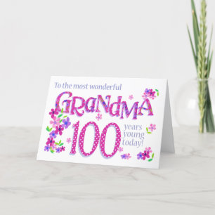 Grandma's 100th Birthday Word Art and Flowers Card