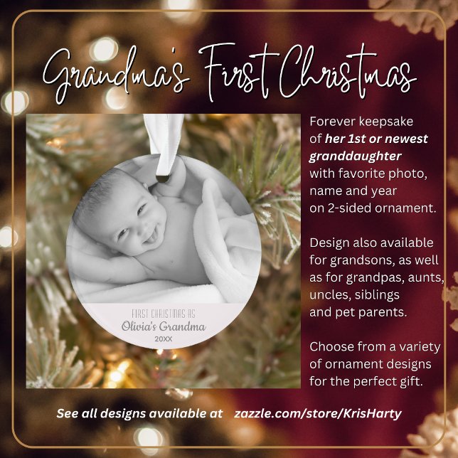 Grandma's 1st Christmas Personalised Name Photo Ornament (Grandma's First Christmas with 1st or newest granddaughter. Gift her this forever keepsake.)