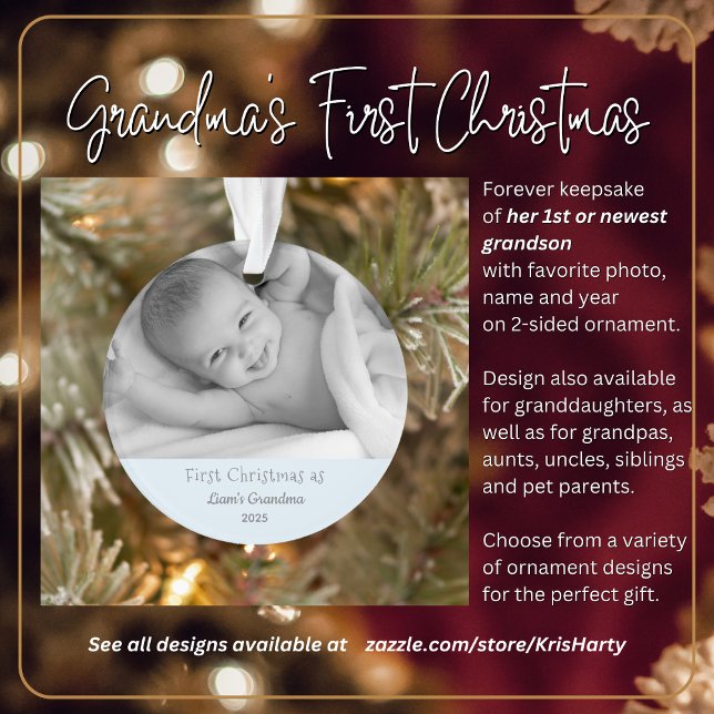 Grandma's 1st Christmas Personalised Photo Name Ornament (Grandma's First Christmas with 1st or newest grandson. Gift her this forever keepsake she'll love.)