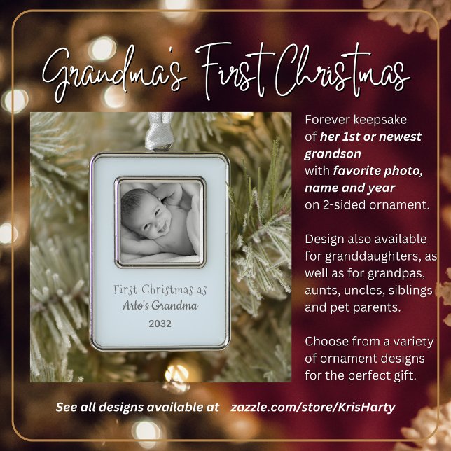 Grandma's 1st Christmas Personalised Photo Name Silver Plated Framed Ornament (First Christmas as Grandma to 1st or newest grandson. Gift her this forever keepsake she'll love.)