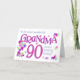 Grandma's 90th Birthday Word Art with Flowers Card