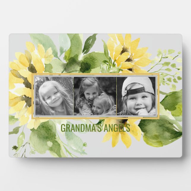Grandma's Angels Watercolor Sunflower 3 Photo Plaque (Front)