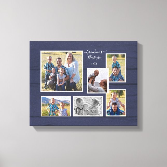 Grandma's Blessings Navy Wood 6 Photo Collage Canvas Print (Front)