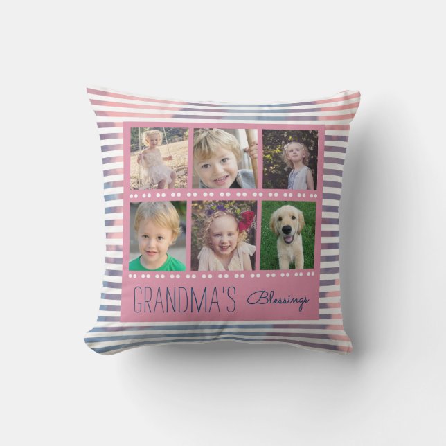 Grandma's Blessings Photo Collage Pink & Blue Cushion (Front)