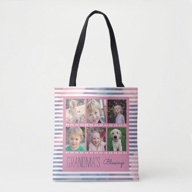 Grandma's Blessings Photo Collage Pink & Blue Tote Bag (Front)