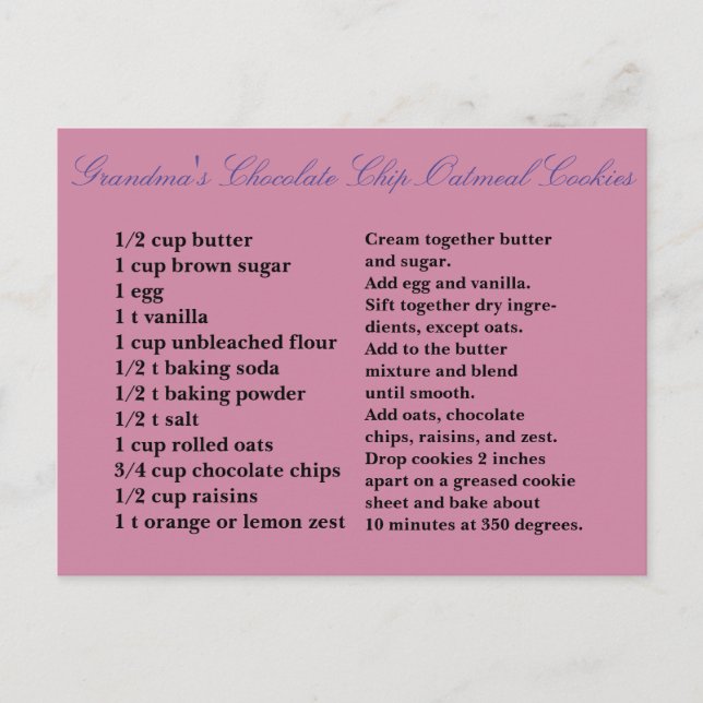 Grandma's Chocolate Chip Oatmeal Raisin Cookies Postcard (Front)