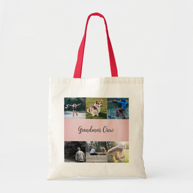Grandma's Crew Custom 6 Photo Grid Pink Tote Bag (Front)